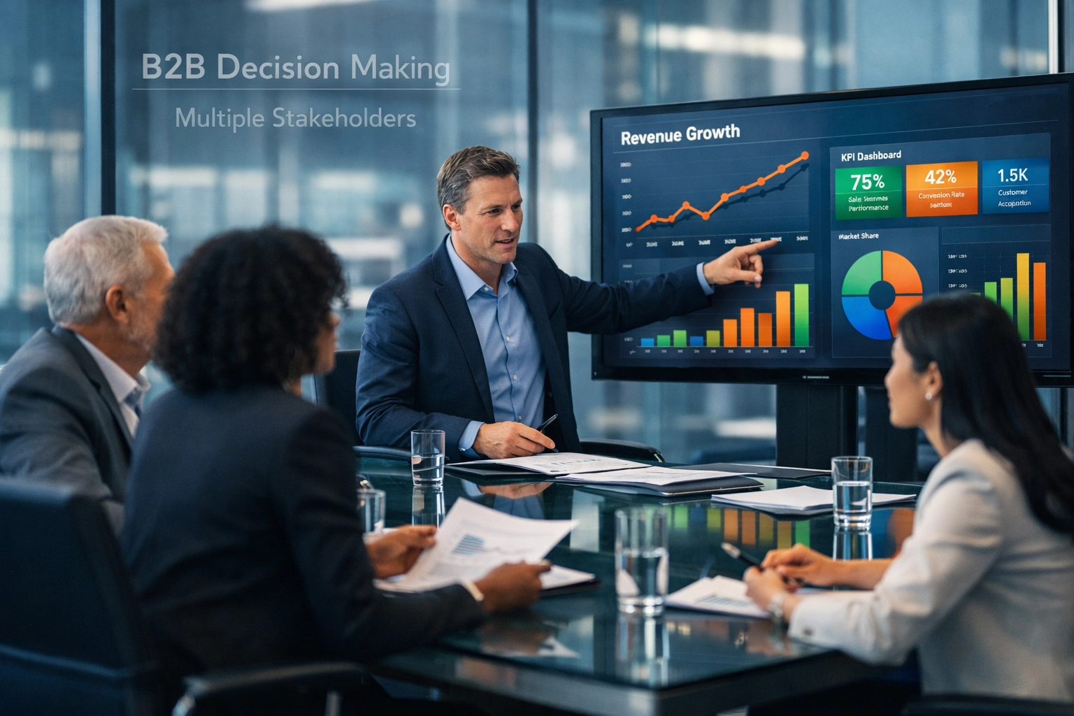 B2B decision-making process with multiple stakeholders in a modern boardroom