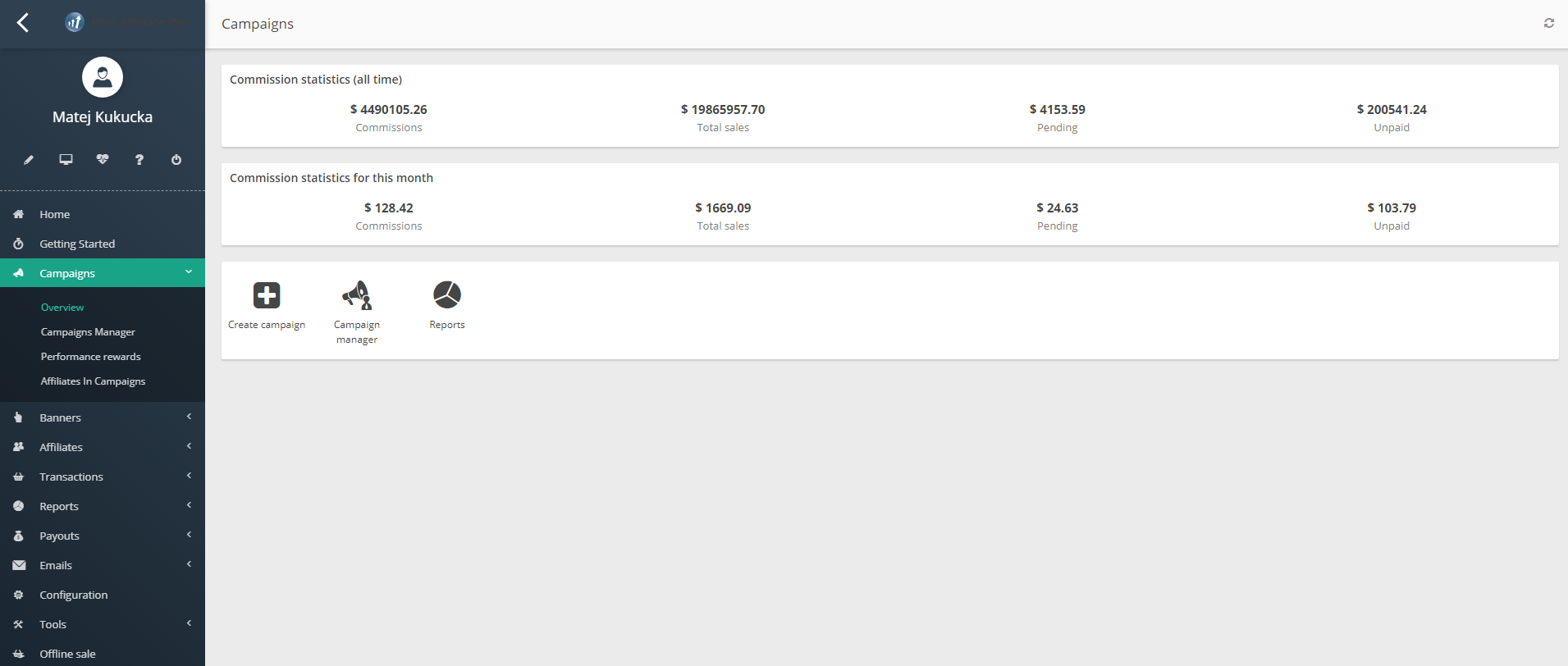 Visão geral das campanhas no Post Affiliate Pro