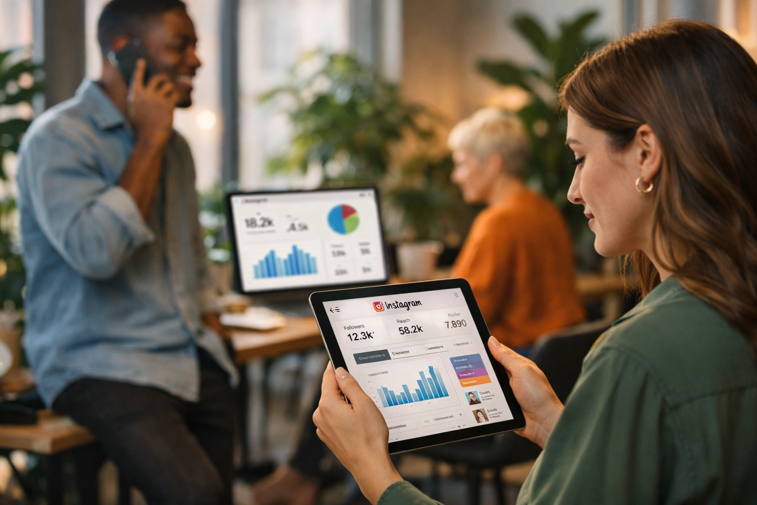 Equipe profissional de marketing no Instagram trabalhando com painéis de análise