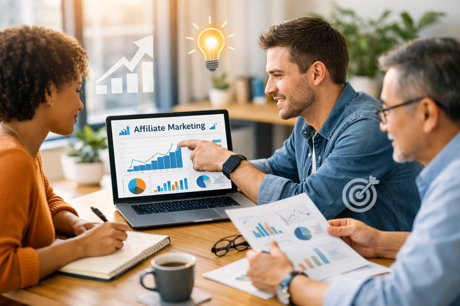 Equipe diversa aprendendo marketing de afiliados juntos em escritório moderno