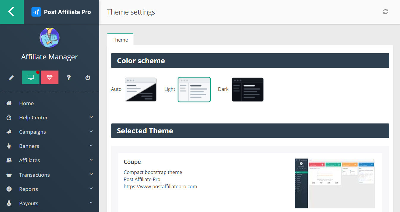 Post Affiliate Pro mostrando configurações de tema, onde o esquema de cores pode ser alternado.