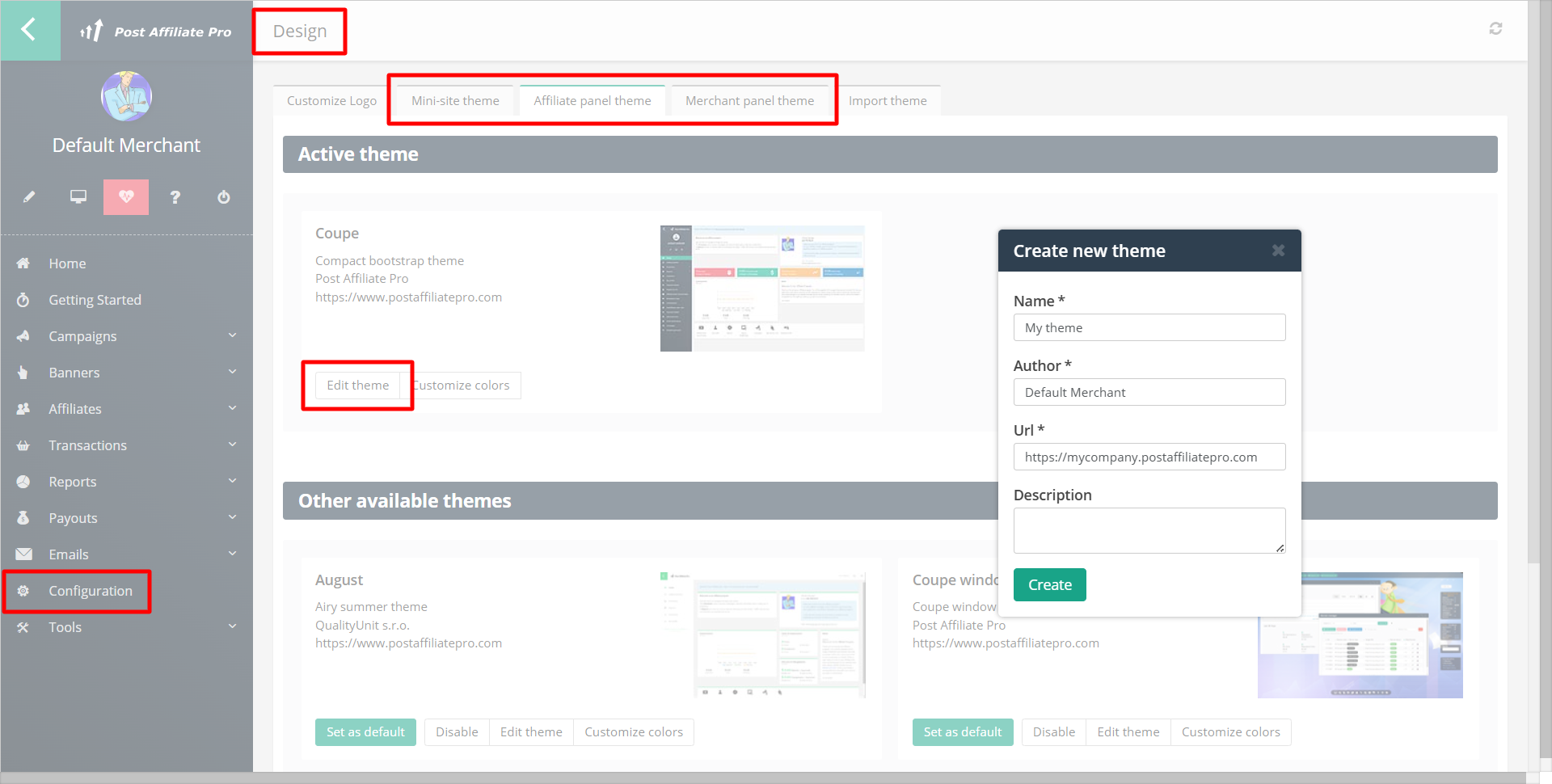 Painel de Design do Post Affiliate Pro mostrando as abas de tema de Minisite, tema do Painel do Afiliado e tema do Painel do Comerciante, com a caixa de diálogo Criar novo tema aberta