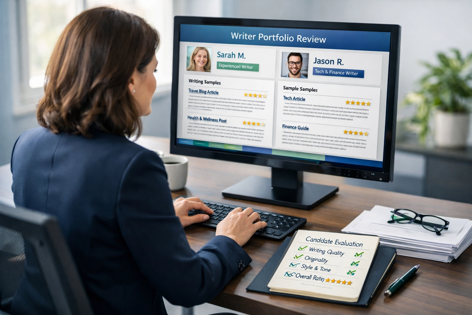 Profissional avaliando portfólios de redatores freelancers no computador