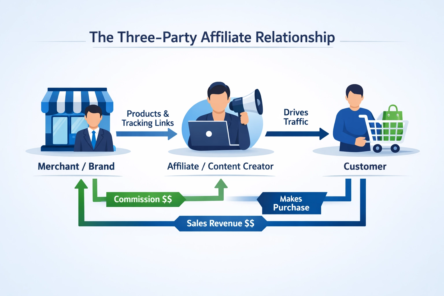 Affiliate relationship flow diagram showing merchant, affiliate, and customer interactions