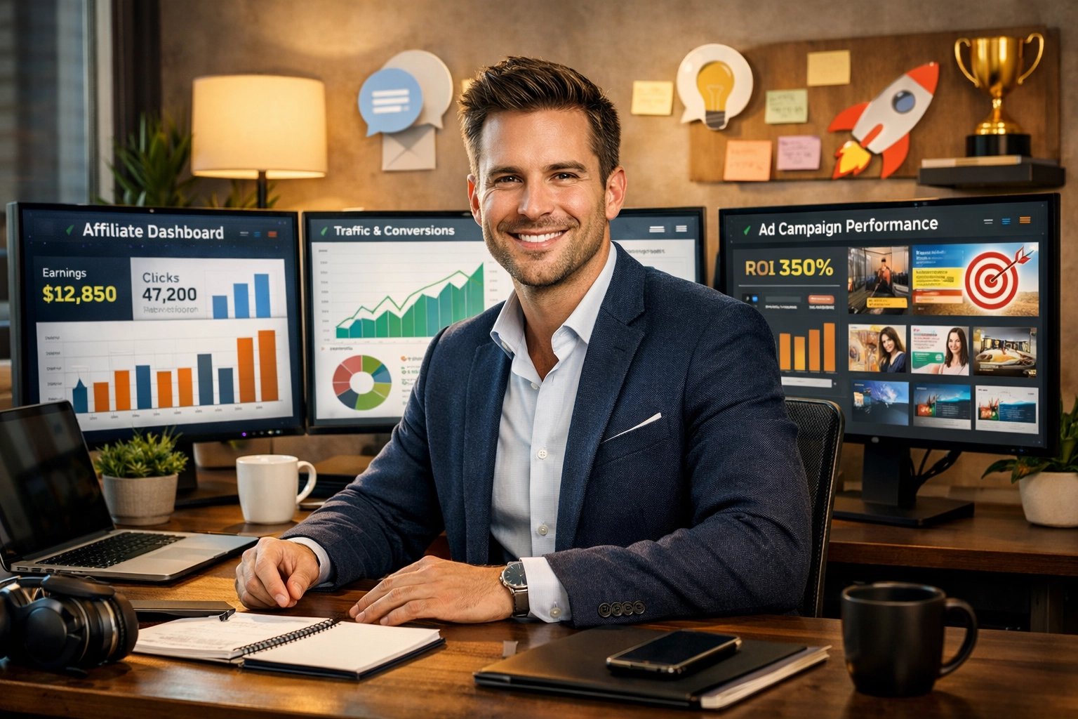 Afiliado de sucesso trabalhando com ferramentas de análise e marketing