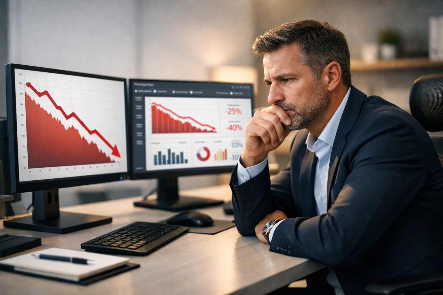 Empresário frustrado com baixas vendas no programa de afiliados olhando para métricas em queda