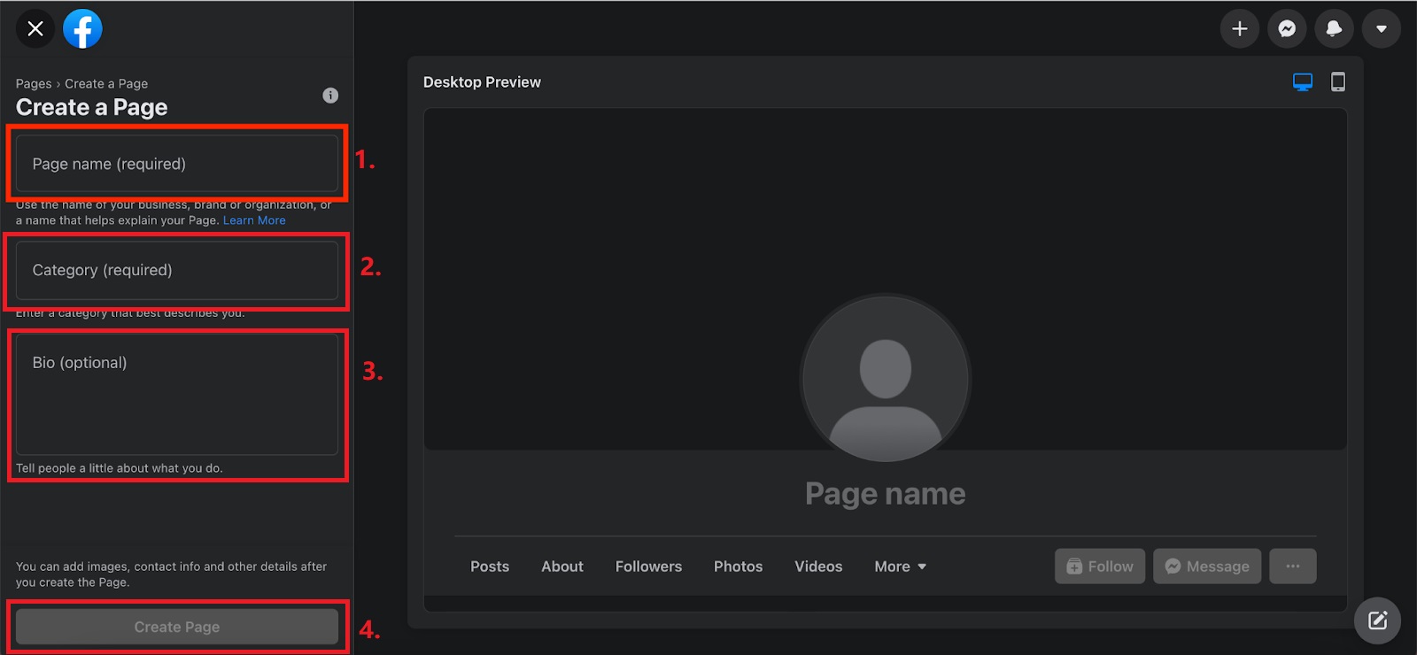 Passos para criar uma nova página do Facebook