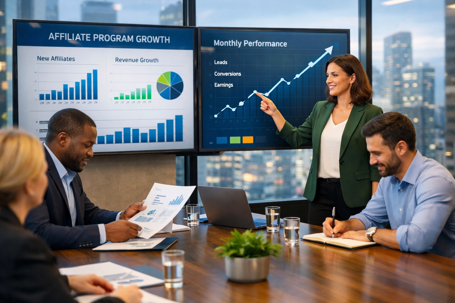 Professional team collaborating on affiliate program growth with analytics and charts