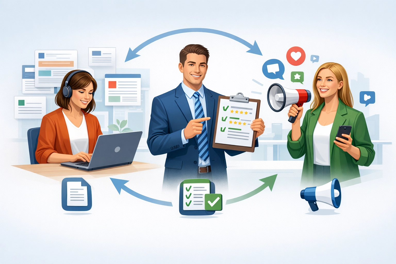 Três tipos de afiliados — criadores de conteúdo, especialistas em avaliações e influenciadores trabalhando juntos