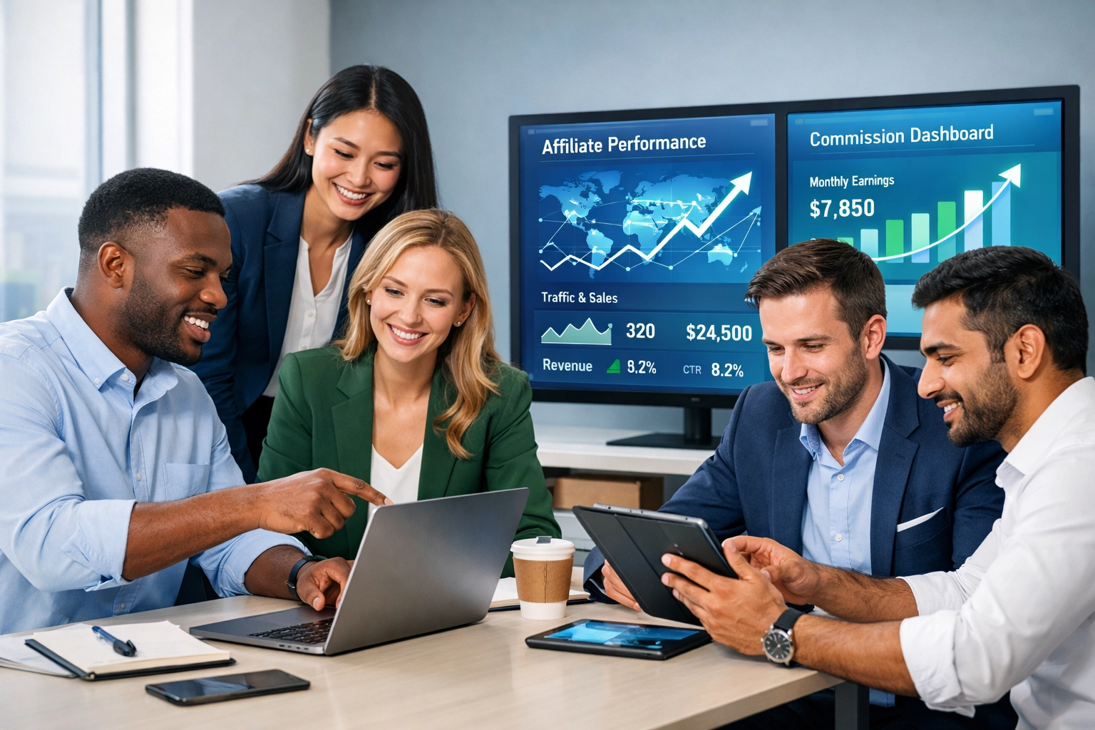 Equipe diversa de afiliados colaborando com painéis digitais