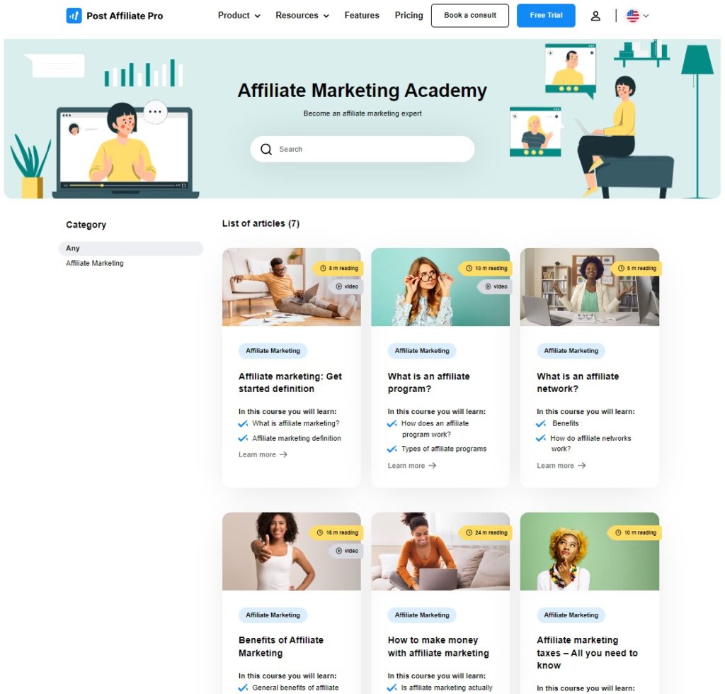 Academia de marketing de afiliados do Post Affiliate Pro
