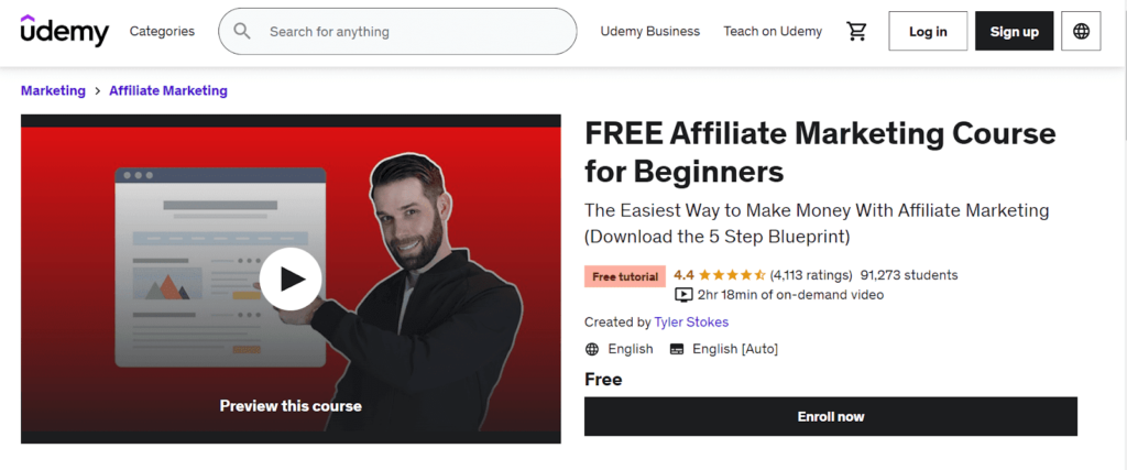 Curso gratuito de marketing de afiliados da Udemy