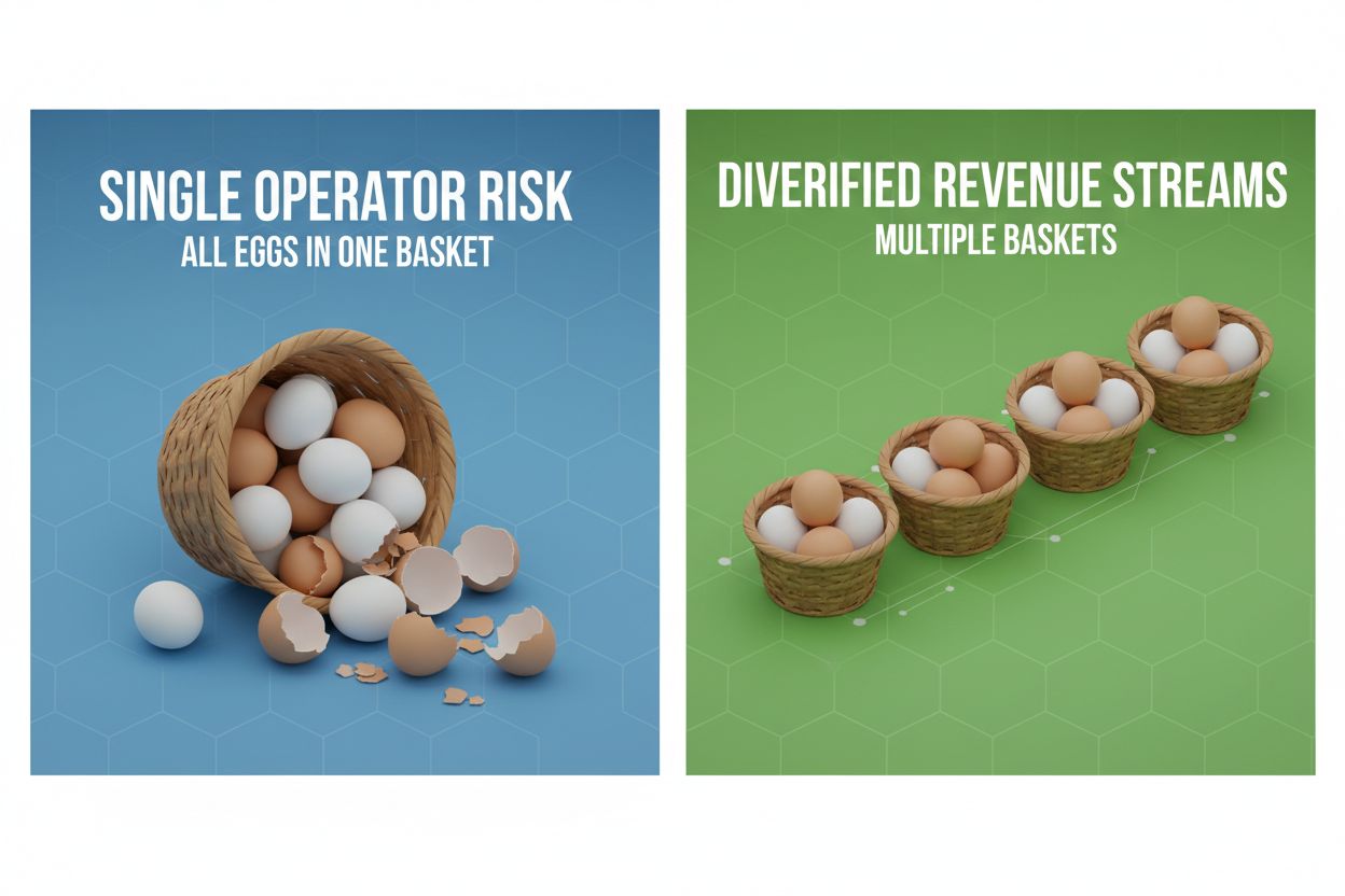 Conceito de diversificação de risco mostrando um cesto único vs vários cestos representando a diversificação da receita de afiliados