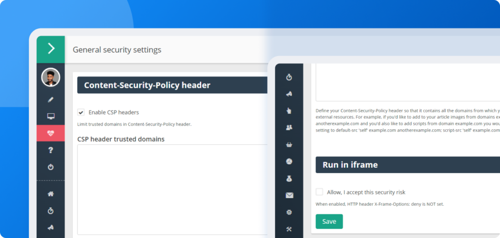 Tela de configuração mostrando como ativar cabeçalhos CSP e definir domínios confiáveis no Post Affiliate Pro