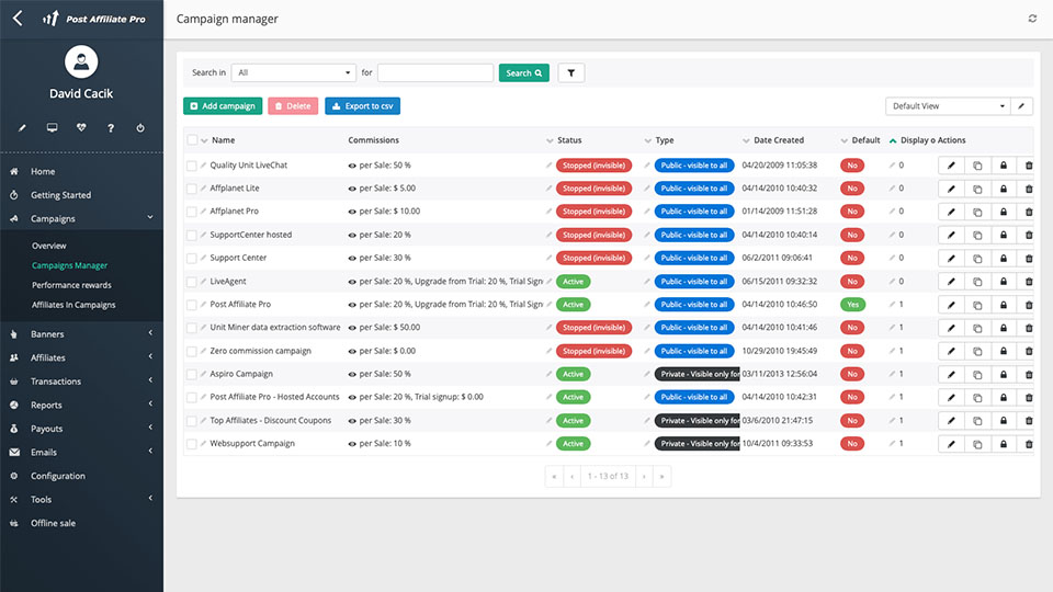 Visão geral das campanhas do Post Affiliate Pro