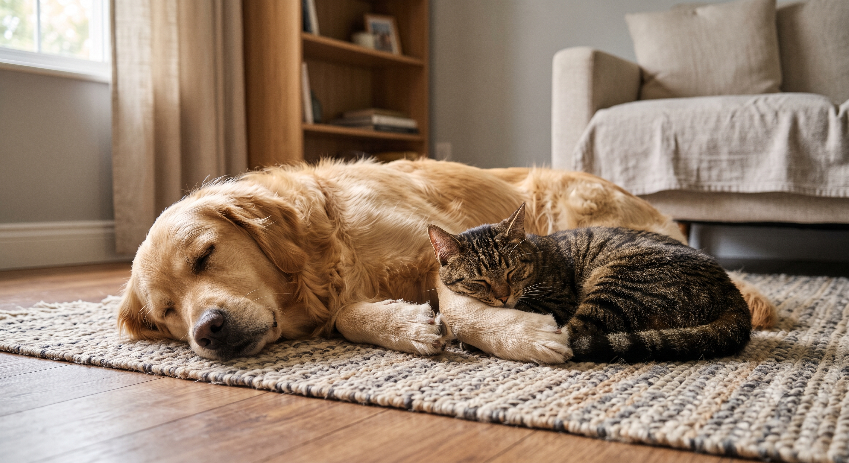 Um cachorro e um gato deitados lado a lado