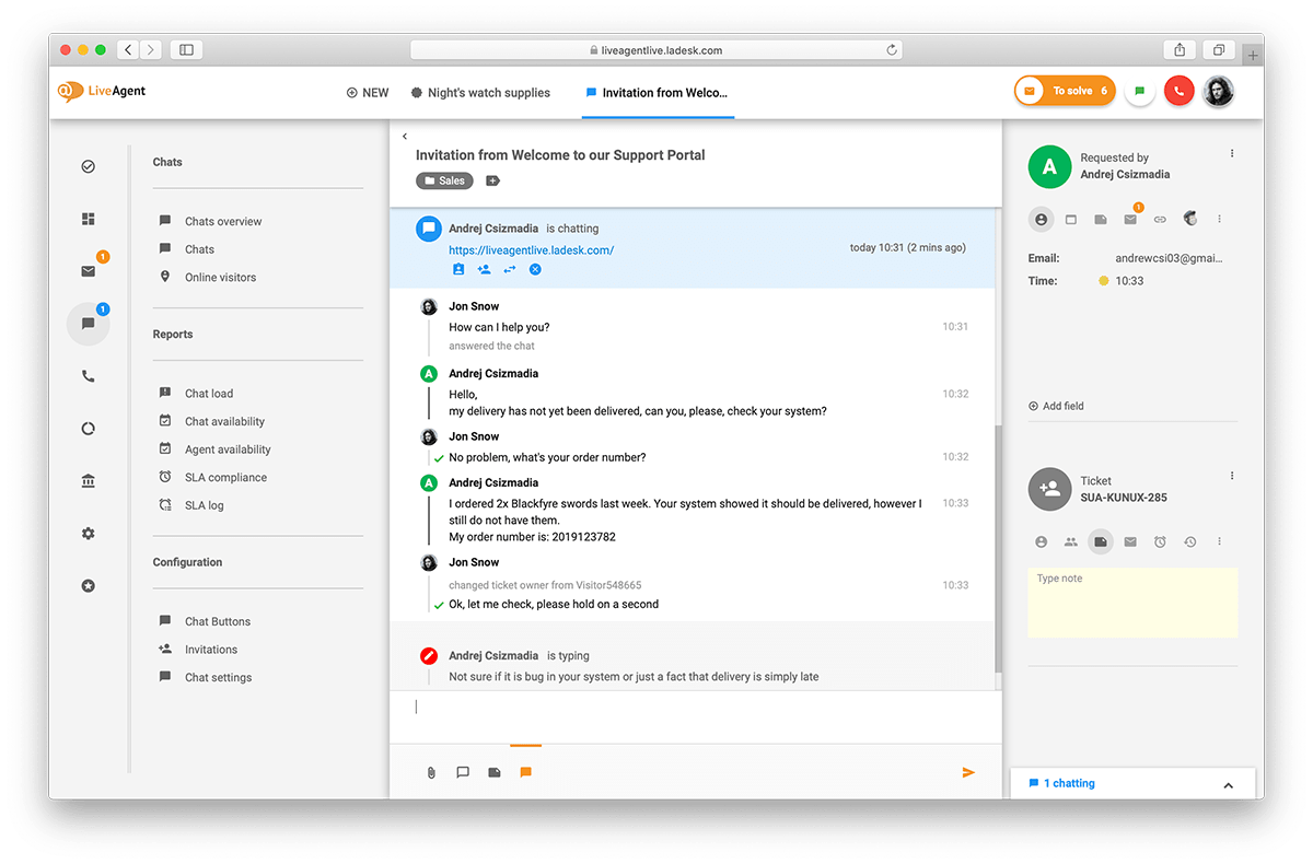 Visão geral do chat de tickets do LiveAgent