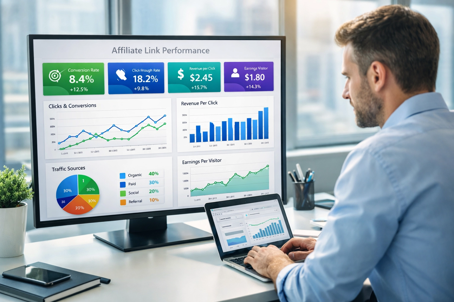Painel de análise profissional mostrando métricas de desempenho de links de afiliado com taxas de conversão, taxas de cliques e dados de receita