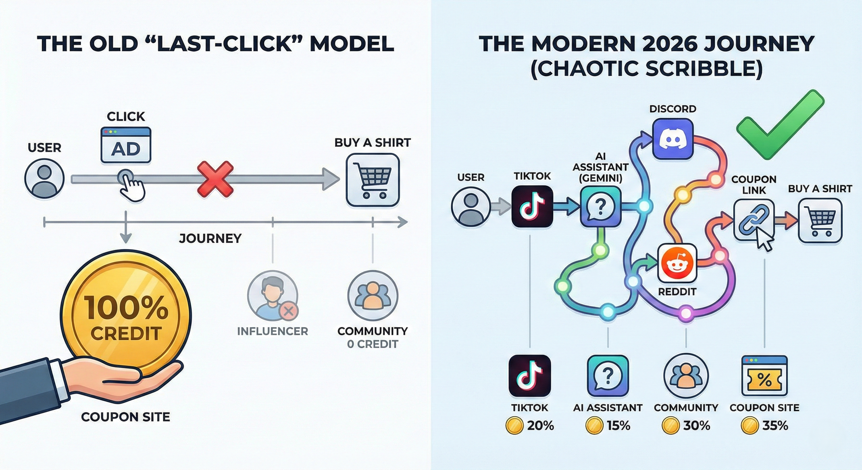 Jornada do cliente mostrando o modelo de atribuição de último clique dando 100% do crédito ao link de cupom final enquanto ignora as contribuições do criador do TikTok, assistente de IA e comunidade do Discord