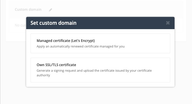 Diálogo Definir domínio personalizado do Post Affiliate Pro com opção de certificado Let's Encrypt