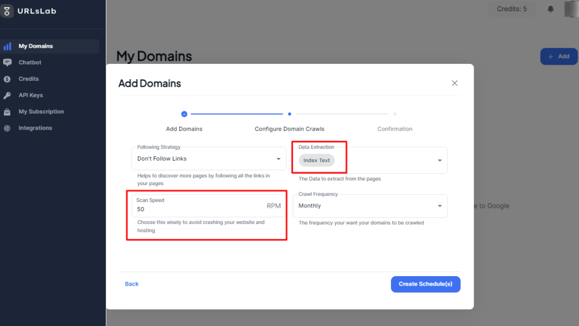 URLsLab - configurar extração de dados
