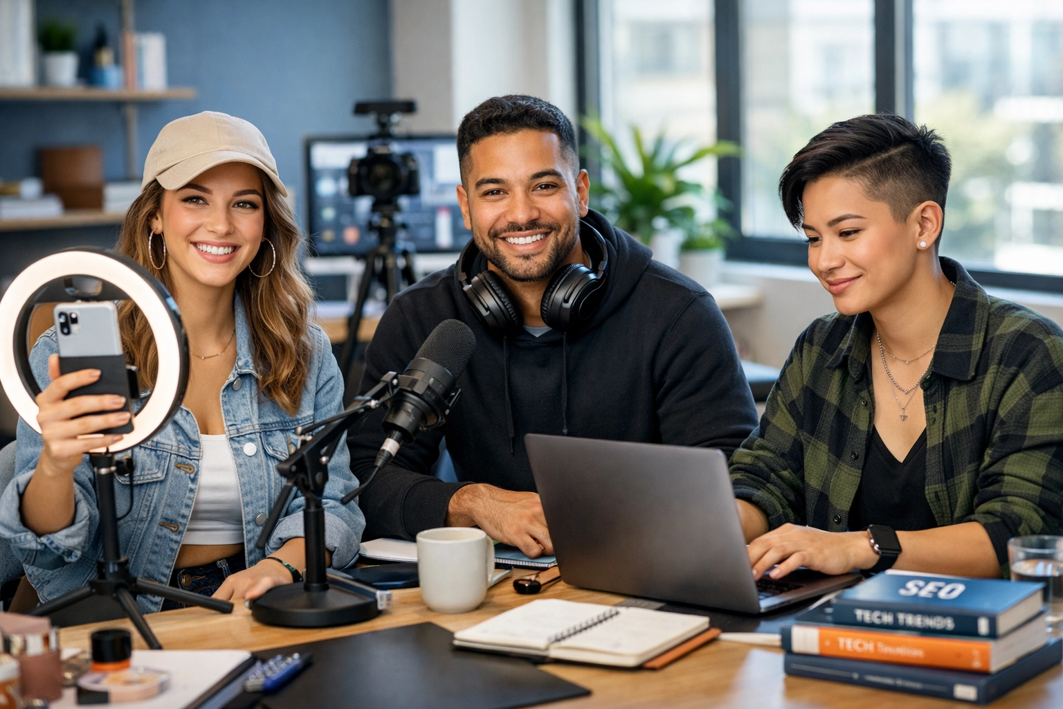 Criadores de conteúdo diversos colaborando: influenciador de mídias sociais, YouTuber e blogueiro de tecnologia trabalhando juntos em escritório moderno de startup tech