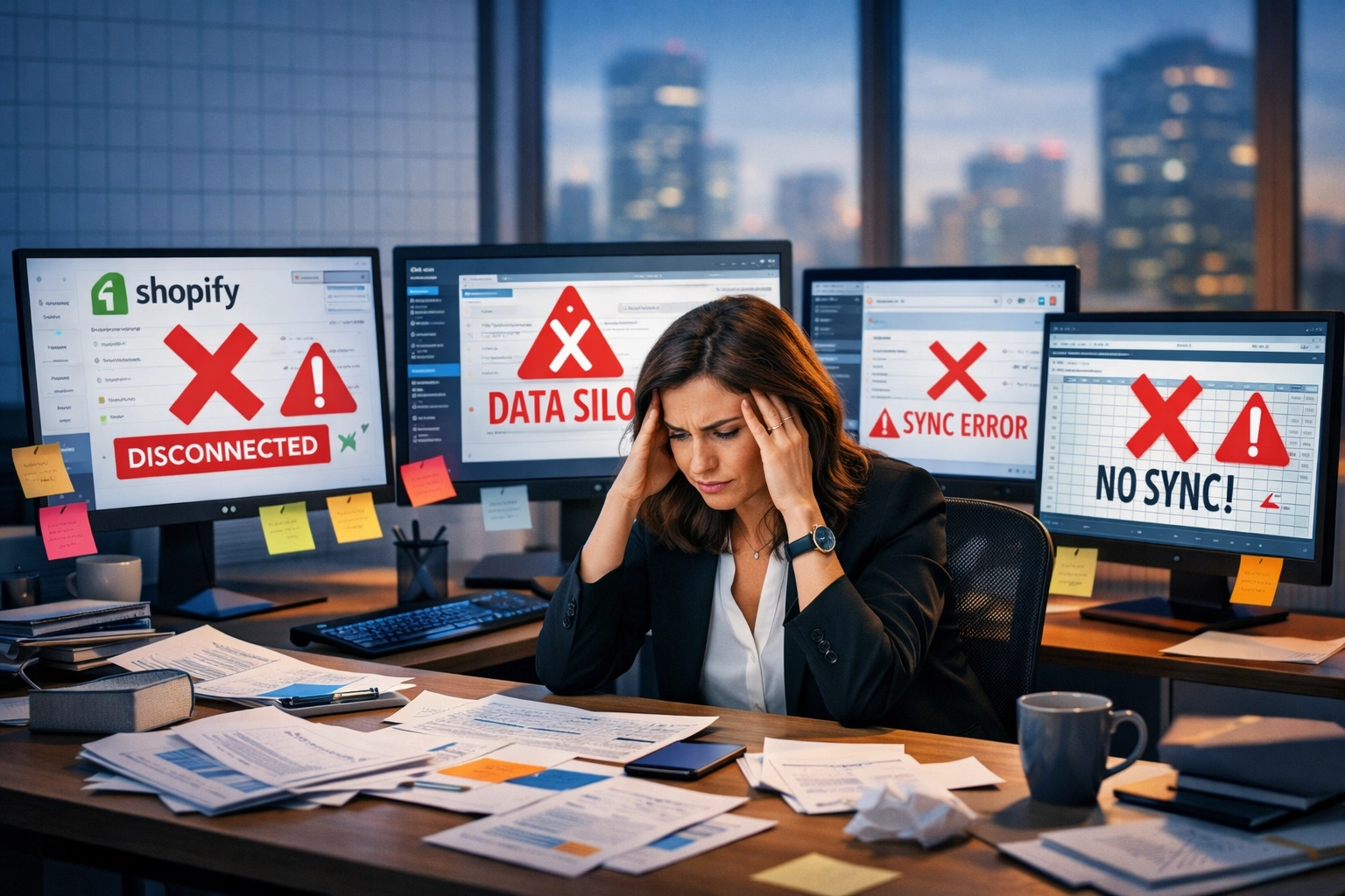 Frustrated business person managing multiple disconnected systems and platforms