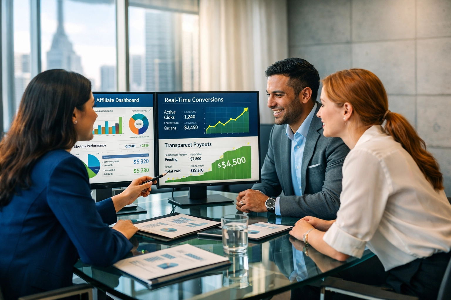 Equipe profissional revisando painéis de programa de afiliados transparentes e métricas financeiras