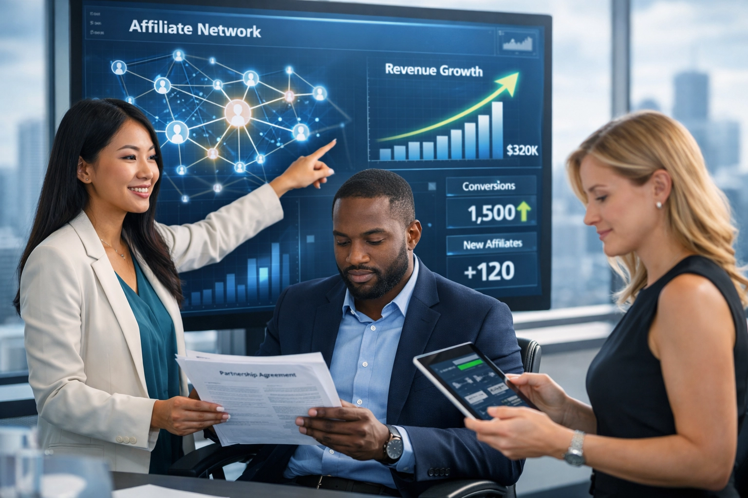 Equipe profissional colaborando em estratégia de recrutamento de afiliados com diagramas de rede e métricas de crescimento