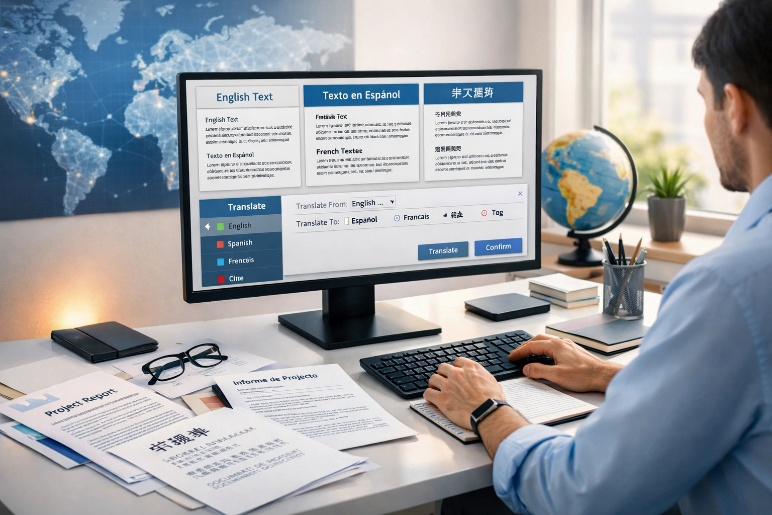 Ambiente profissional mostrando tradução de conteúdo multilíngue com documentos em vários idiomas