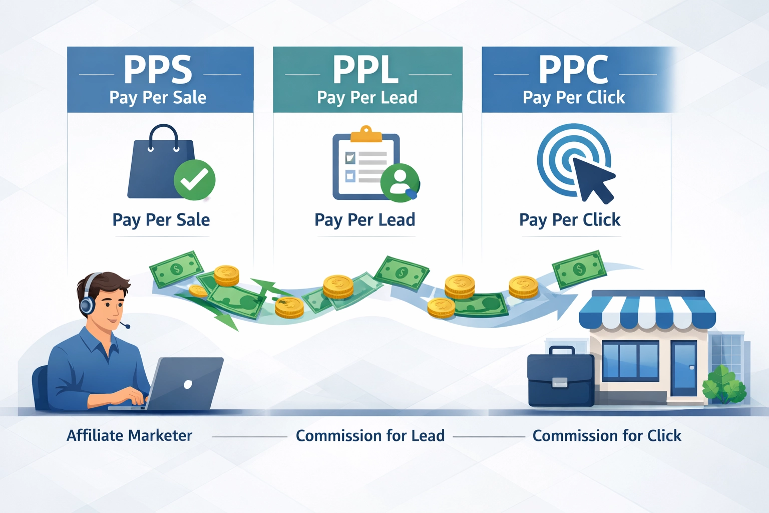 Ilustração de modelos de pagamento de afiliados mostrando PPS, PPL e PPC