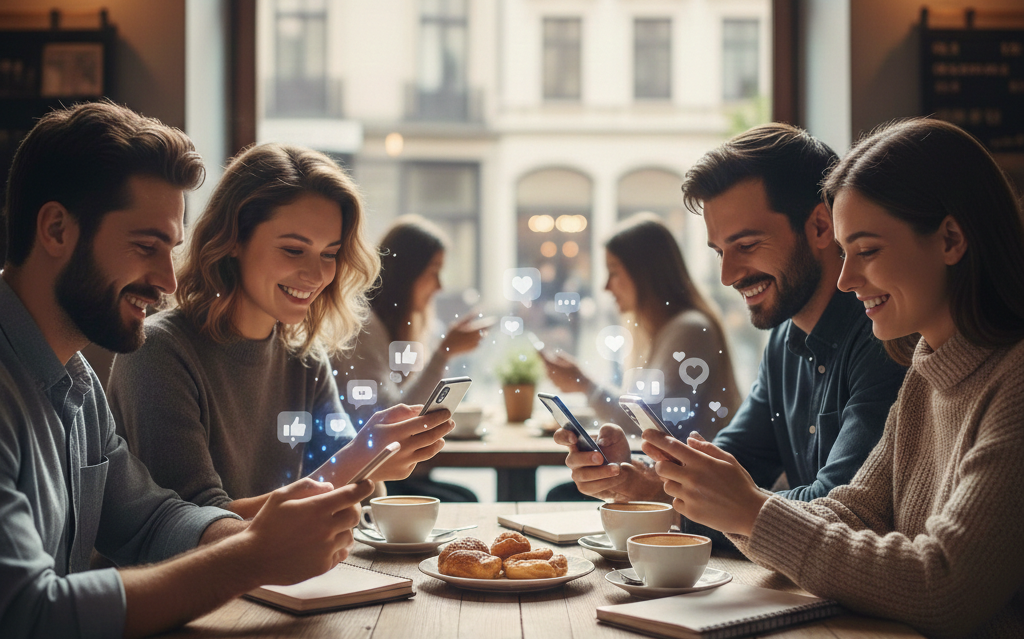 Grupo de pessoas diversas sentadas em uma mesa revisando análises de redes sociais e métricas de engajamento em seus dispositivos móveis