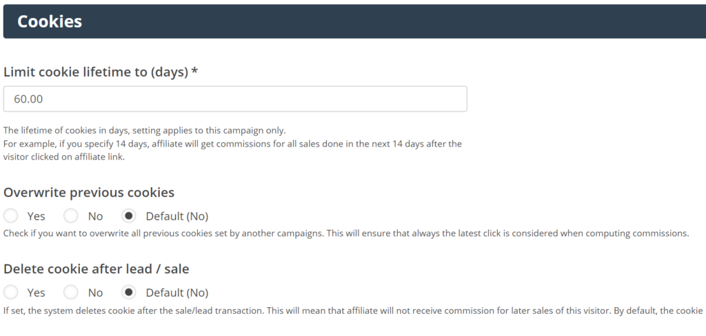 Configuração do tempo de vida do cookie no Post Affiliate Pro
