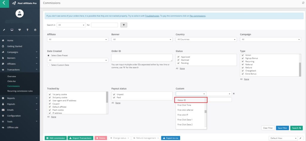 Post Affiliate Pro - filtro de ID do visitante na lista de comissões