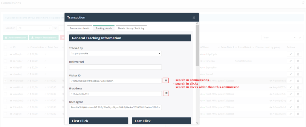 Post Affiliate Pro - novo botão de pesquisa na tela de detalhes da transação