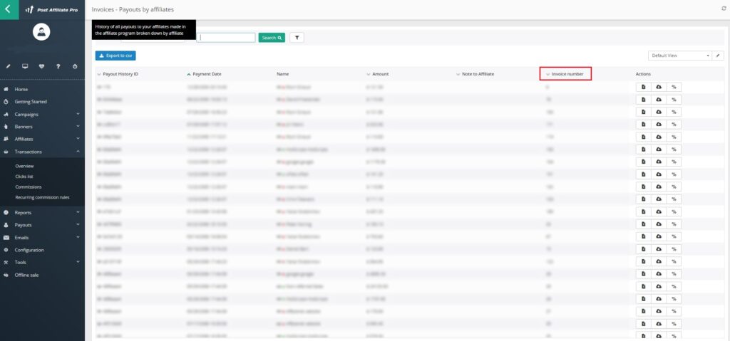 Post Affiliate Pro - pesquisar fatura pelo número