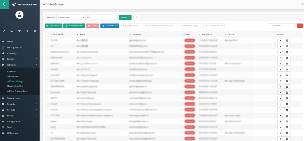Post Affiliate Pro - Ordenando gerenciadores de afiliados por nome