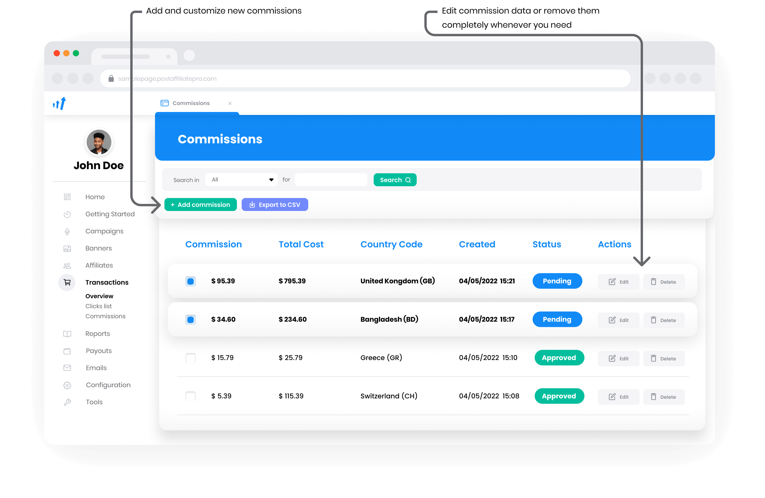 Visão geral de Comissões & Pagamentos no Post Affiliate Pro
