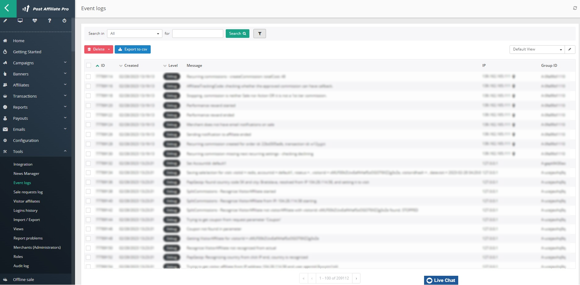 Post Affiliate Pro - Visão geral do log de eventos