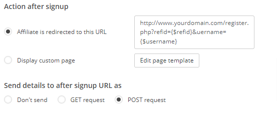 Configurações para ação após cadastro