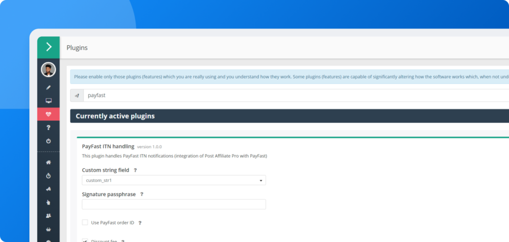 Tela de configuração mostrando ativação e configuração do plugin PayFast ITN handling no Post Affiliate Pro