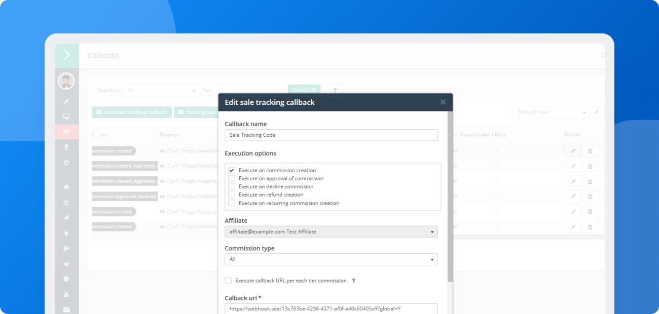Configuration screen in Post Affiliate Pro merchant panel where you can edit triggering events