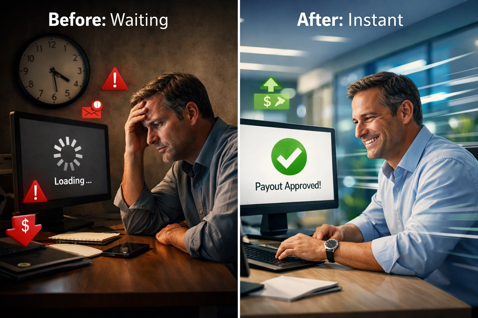 Evolução dos pagamentos de afiliados mostrando antes e depois da experiência do comerciante