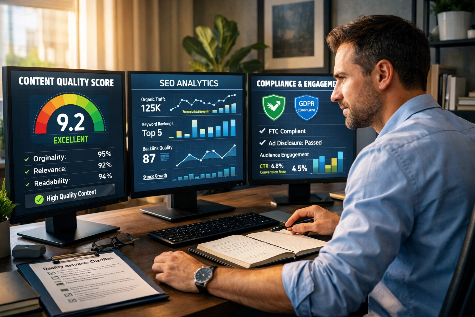 Profissional de marketing afiliado revisando padrões de qualidade de conteúdo em vários monitores com dashboards analíticos