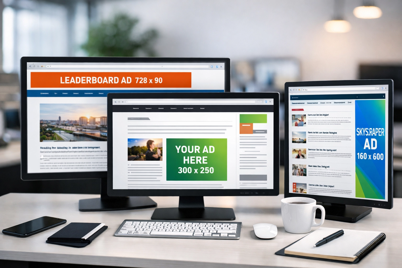 Exemplos de publicidade em banner mostrando diferentes posicionamentos de anúncio em sites