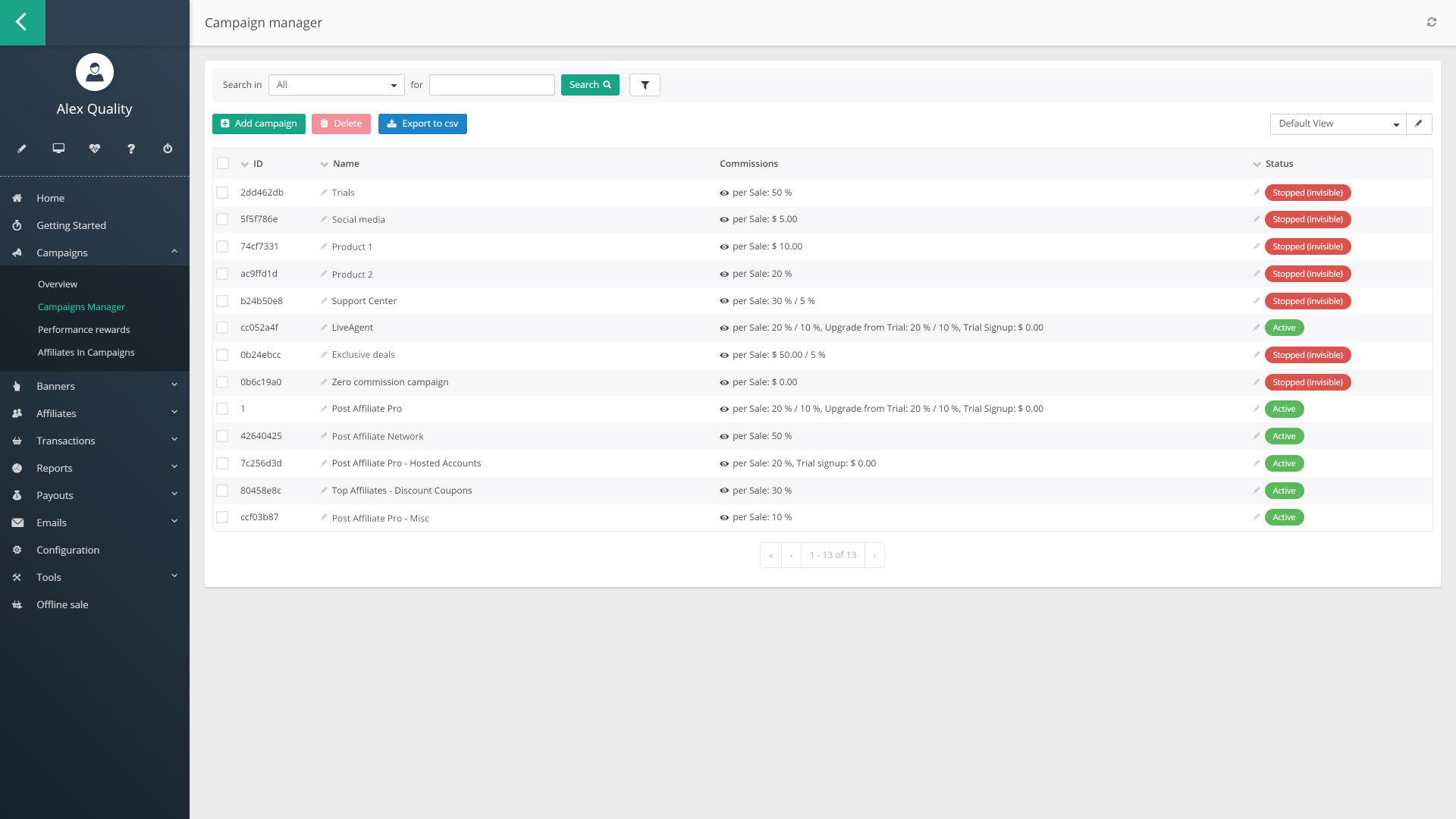 Campanhas no Post Affiliate Pro