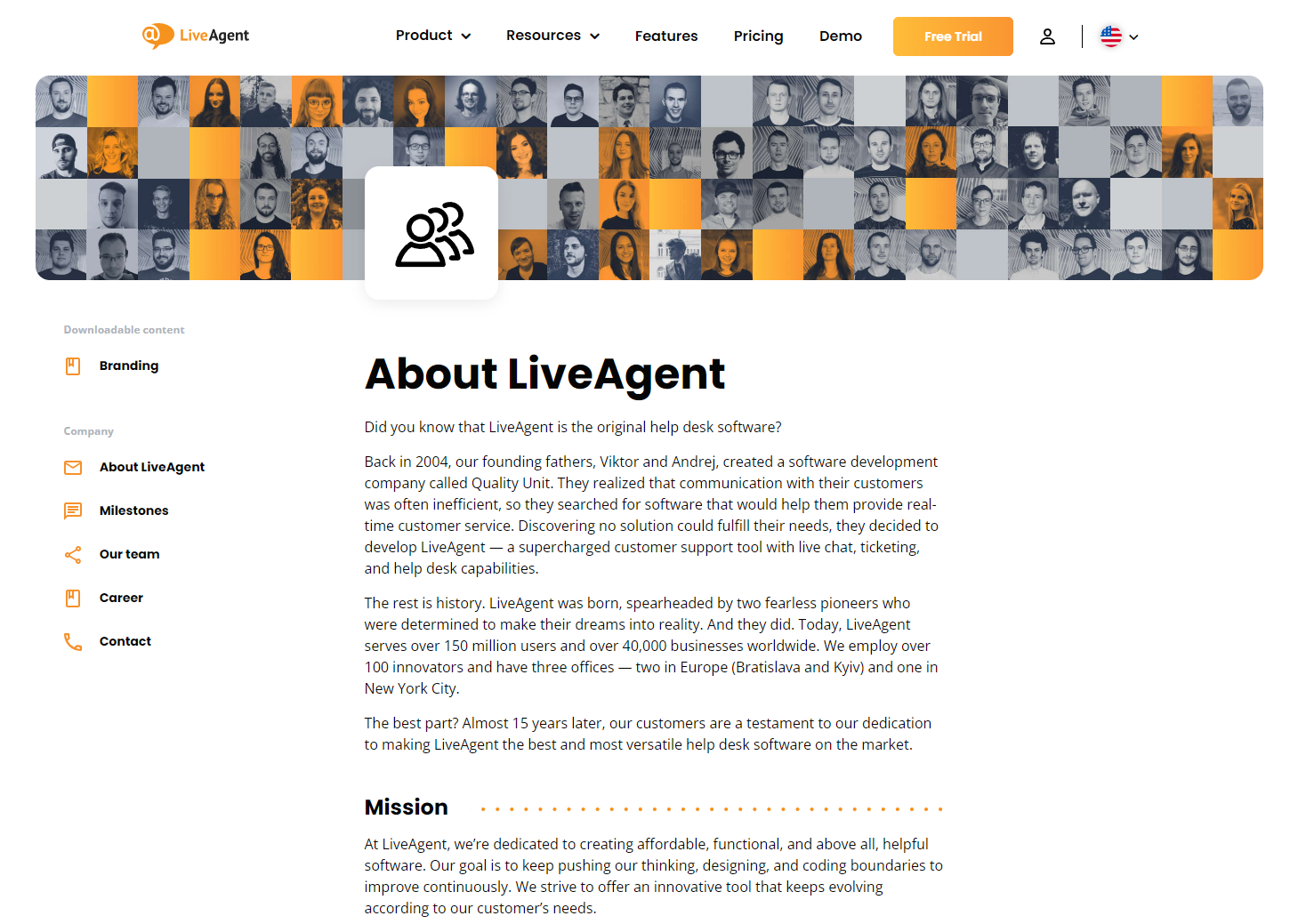 Página Sobre Nós da LiveAgent