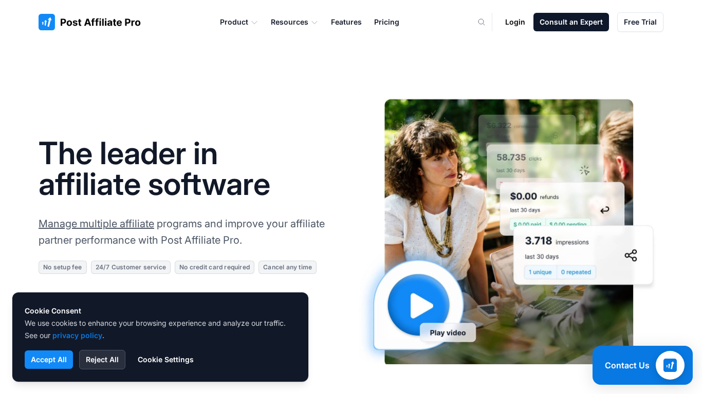 Página inicial do software de afiliados Post Affiliate Pro