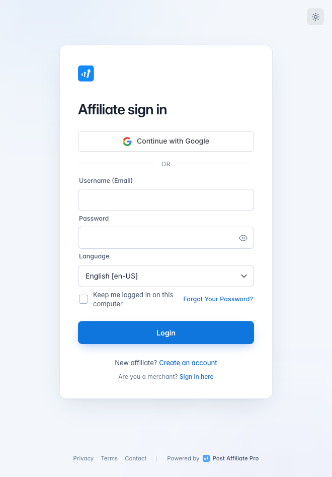 Botão Entrar com o Google do Post Affiliate Pro na tela de login