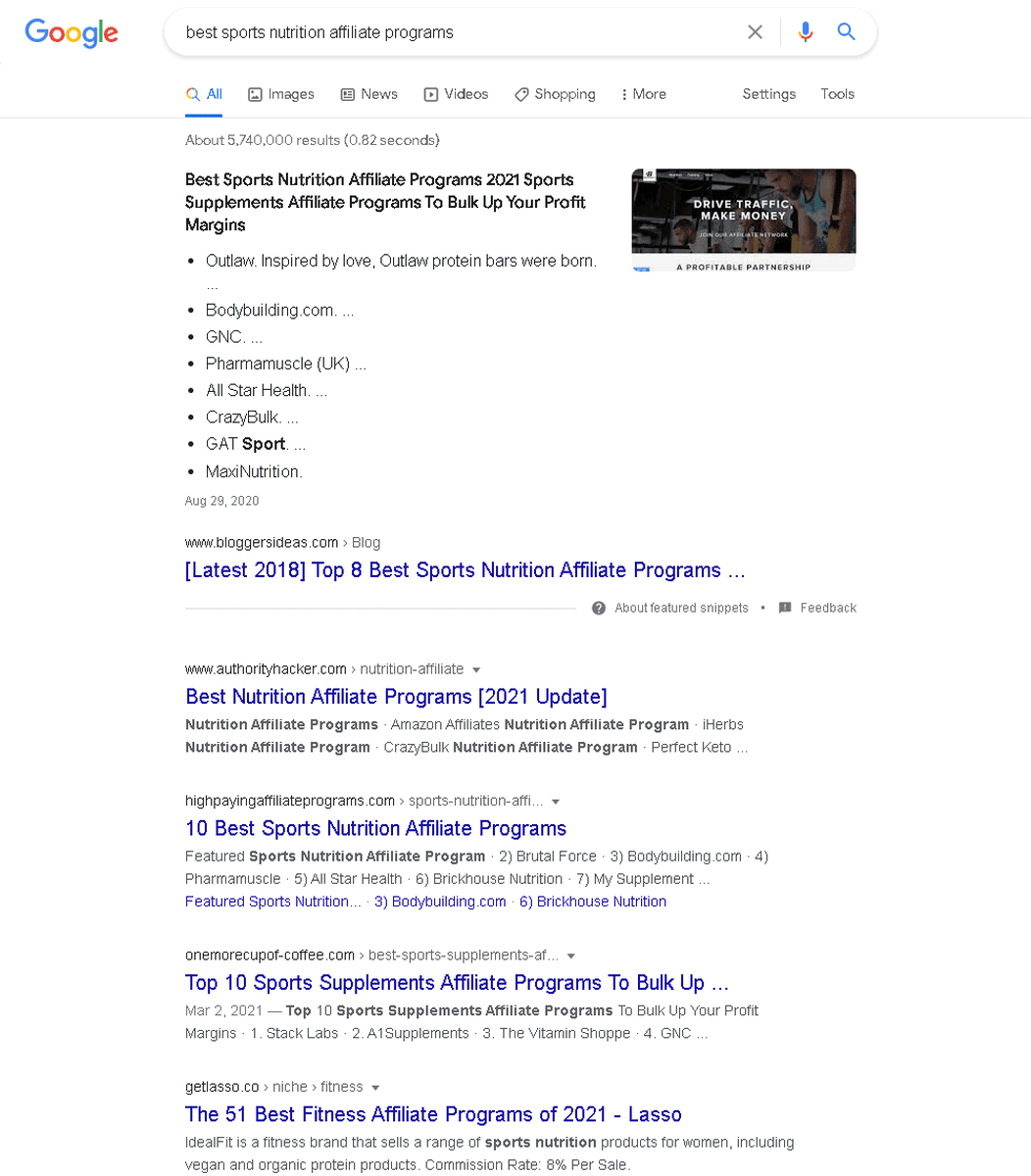 Google results of search for best sports nutrition affiliate programs